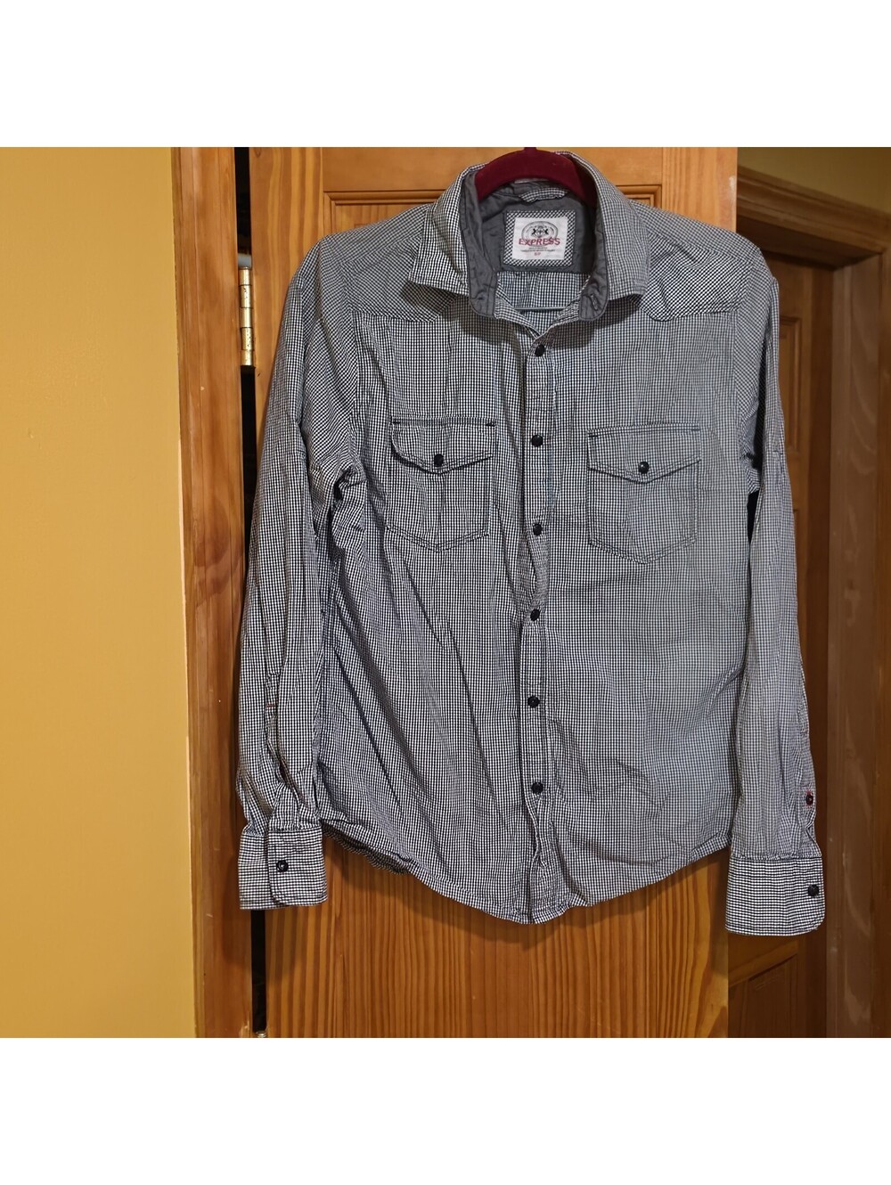 Mens Black Minichecked EXPRESS Fitted Long Sleeve Shirt Small